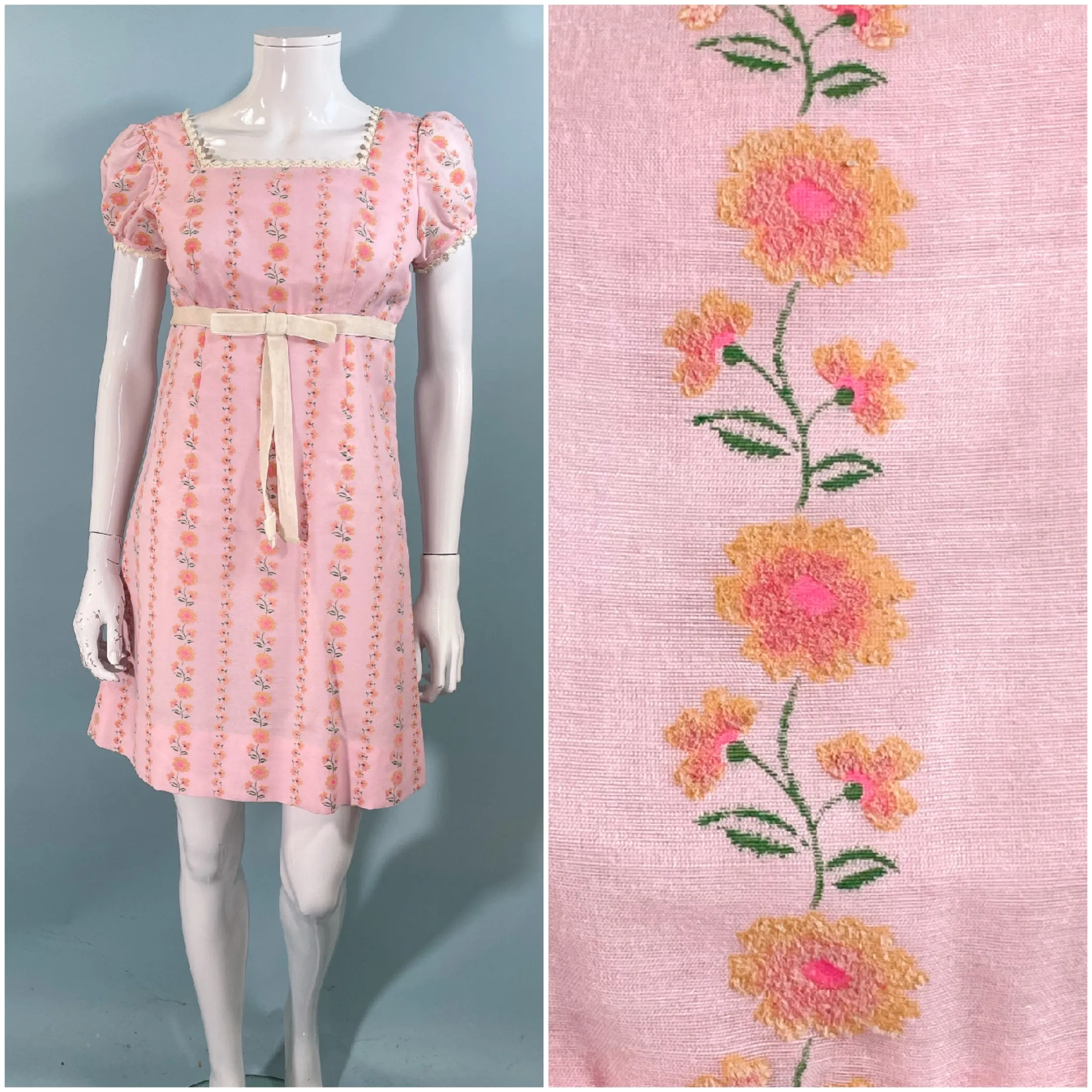 Vintage 60s Mod Baby Doll Empire Waist Mini Dress, Pink Floral Print Mini