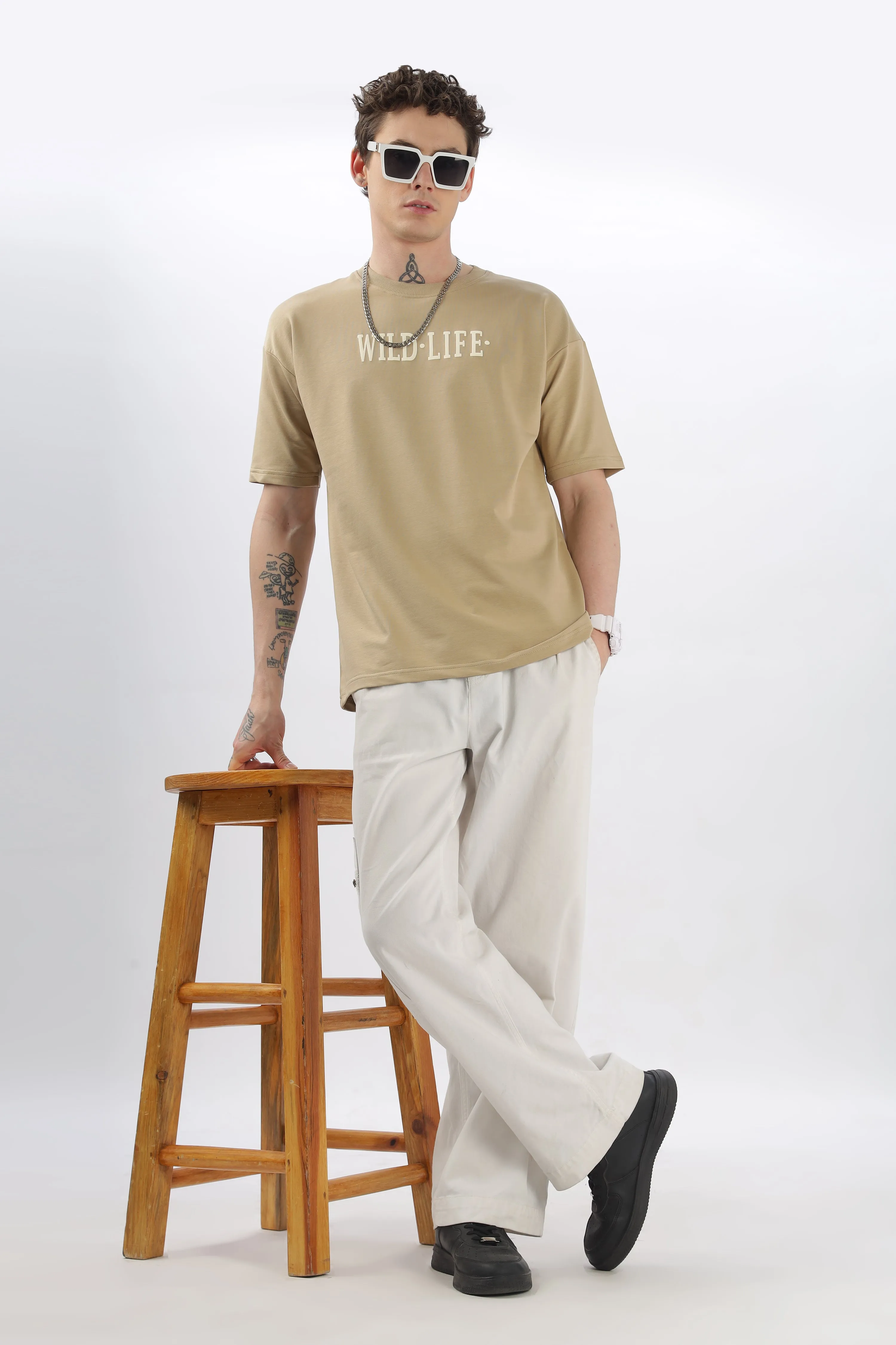 Wild Life Printed Beige T-shirt